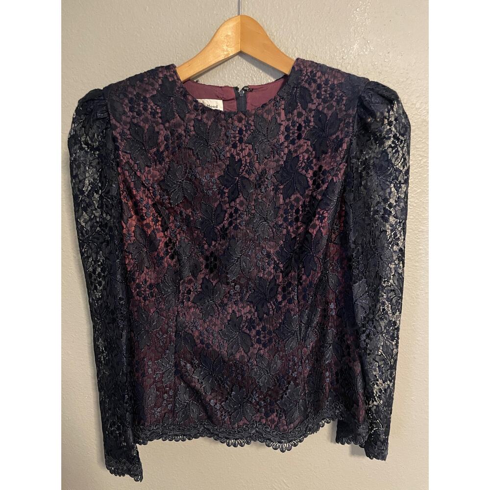 Vintage In The Mood Blouse Womens 10 Navy Blue Lace Long Sleeve Floral Elegant